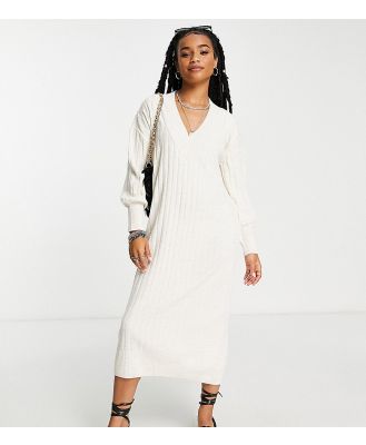 Only Petite knitted v neck maxi dress in cream-White
