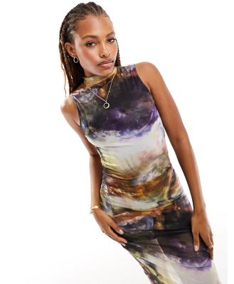 Only sleeveless mesh midi dress in galaxy print-Multi