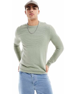 Only & Sons crew neck textured knit jumper in sage green