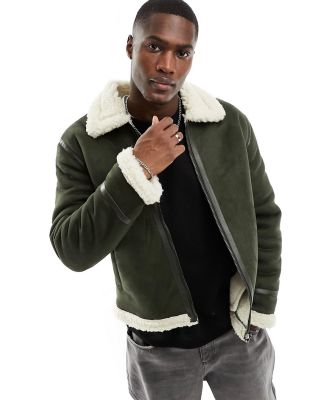 Only & Sons faux suede aviator jacket with borg lining in khaki-Brown