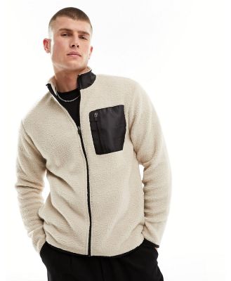 Only & Sons fleece full zip jacket in beige-Neutral