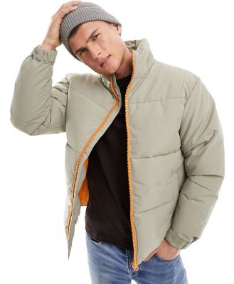 Only & Sons heavyweight boxy cropped puffer jacket in beige-Neutral
