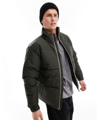 Only & Sons heavyweight boxy cropped puffer jacket in dark khaki-Green