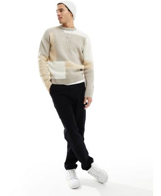 Only & Sons knitted crew neck jumper in tonal block pattern-Multi
