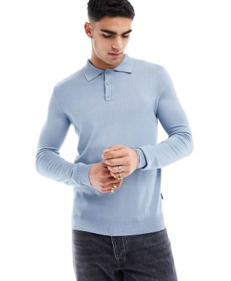 Only & Sons knitted long sleeve polo in light blue