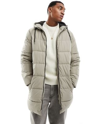 Only & Sons longline hood puffer jacket in beige-Neutral
