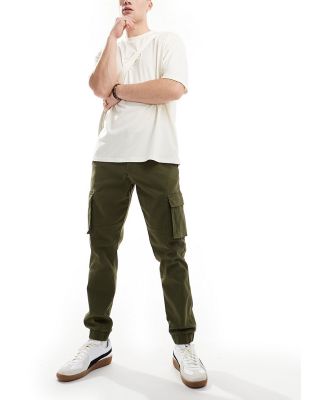 Only & Sons slim fit cargo pants with cuffed bottom in khaki-Green