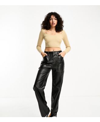 Only Tall high waisted wide leg faux leather contrast stitch pants in black