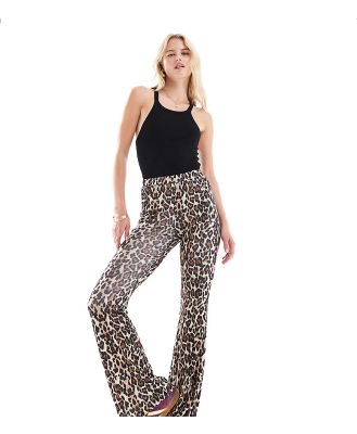 ONLY Tall ribbed flared pants in leopard print-Brown