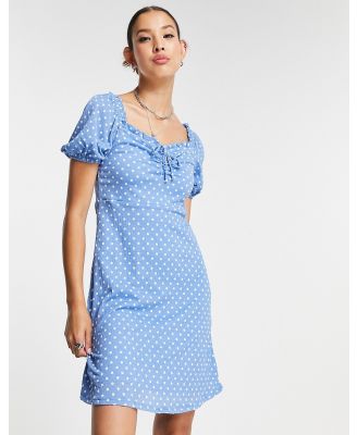 Only tie front puff sleeve mini dress in blue spot
