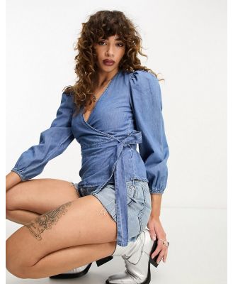 Only wrap denim blouse in mid blue