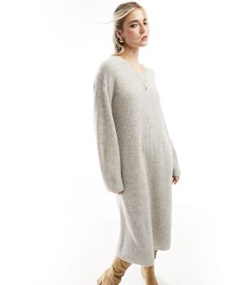 & Other Stories alpaca and wool blend long sleeve knitted midi dress in beige-Neutral