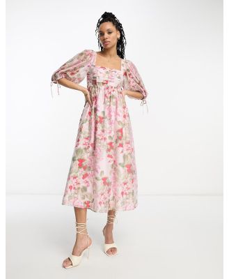 & Other Stories gathered volume midi dress in pink-Black