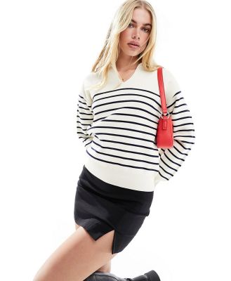 & Other Stories knitted cotton jumper with half zip collar in white and blue stripe-Multi