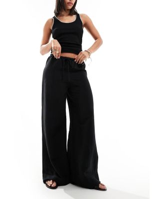 & Other Stories linen blend wide leg pants with drawstring waist in black