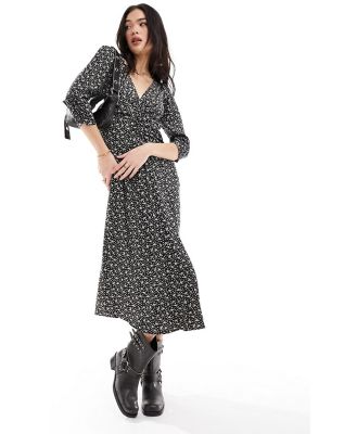& Other Stories midi dress with ruched front and v neck in mono ditsy print-Black