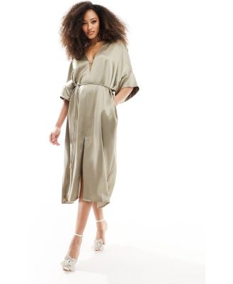 & Other Stories relaxed belted satin midi dress with front split in light mole-Brown