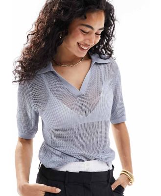 & Other Stories relaxed pointelle knitted polo top in dusty blue