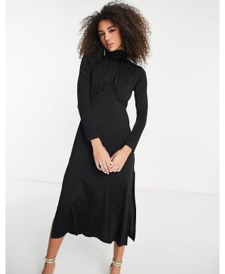 & Other Stories satin high neck midaxi dress with drape chest detail in black