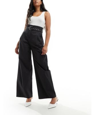 & Other Stories wide leg pants with utility eyelet belt in black