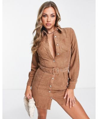 Parisian cord belted mini dress in camel-Brown