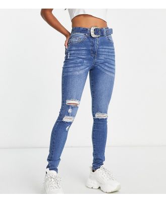Parisian Petite belted skinny jeans in mid blue