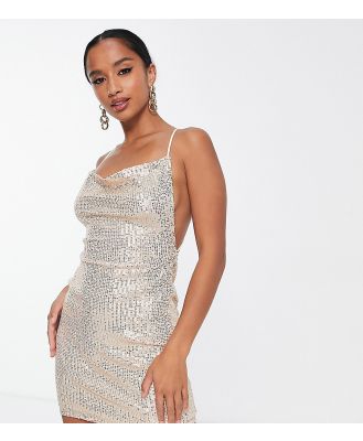 Parisian Petite cami strap cowl front sequin embellished mini dress in champagne-Neutral