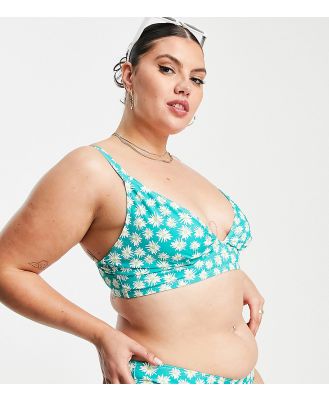 Peek & Beau Curve Exclusive long line bikini top in green sunflower print