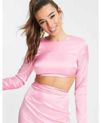 Peppermayo satin long sleeve strappy open back crop top in pink (part of a set)
