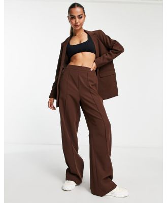 Pieces high waisted wide leg tailored pants in chocolate (part of a set)-Brown