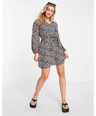 Pieces long sleeve tiered smock mini dress in floral print-Multi