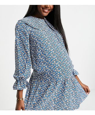 Pieces Maternity mini smock dress with exaggerated collar in blue ditsy floral-Multi