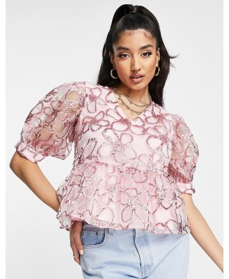 Pieces Premium embroidered floral puff sleeve peplum top in pink