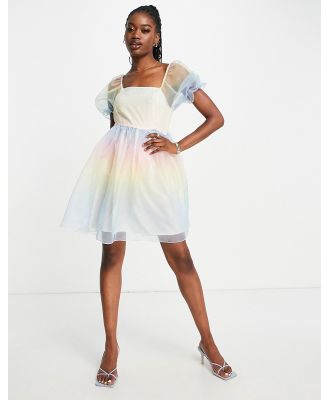 Pieces Premium puff sleeve organza mini dress in ombre pastel rainbow-Multi