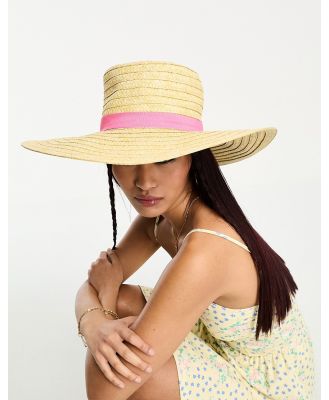 Pieces straw hat in natural with pink ribbon-Neutral