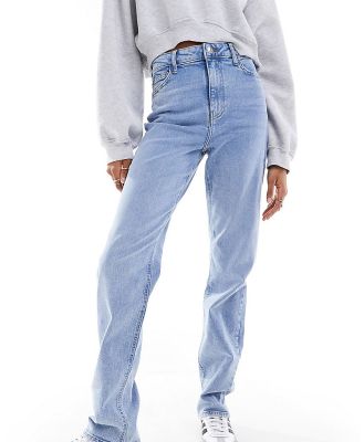 Pieces Tall Bella high waisted straight leg jeans in light blue