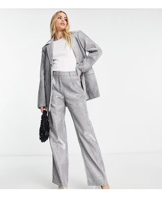 Pieces Tall exclusive tailored straight leg pants in silver glitter (part of a set)