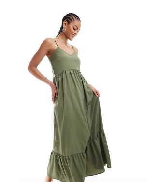 Pieces Tall frill bottom maxi dress in khaki-Green