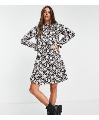 Pieces Tall frill detail high neck mini smock dress in black floral-Multi