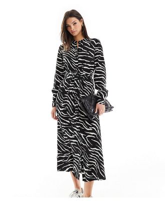 Pieces Tall tie waist midi shirt dress in black & white zebra print-Multi