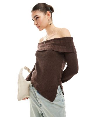 Pimkie knit fold detail asymmetric neckline top in brown