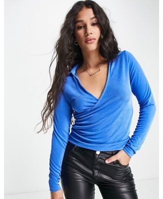 Pimkie wrap front polo long sleeve top in blue