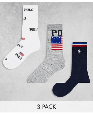 Polo Ralph Lauren 3 pack sport socks with all over logo flag in navy grey white