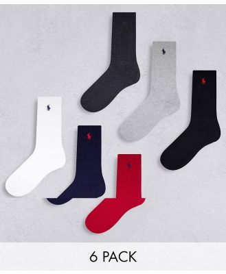 Polo Ralph Lauren 6 pack sport socks in black, red, navy, grey, white with pony logo-Multi