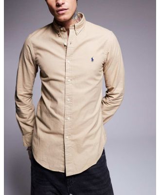 Polo Ralph Lauren icon logo slim fit garment-dyed oxford shirt in tan-Brown