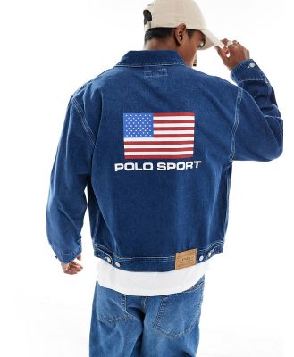 Polo Ralph Lauren Sports Capsule logo workwear denim trucker jacket in mid wash blue-White