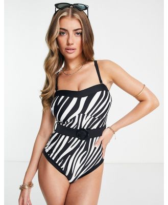 Pour Moi Fuller Bust belted control swimsuit in zebra print-Multi
