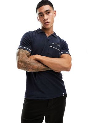 Pretty Green x Elvis towelling polo shirt in navy-White