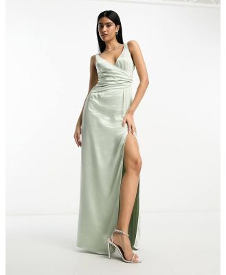 Pretty Lavish Bridesmaid Esmee wrap satin maxi dress in sage green