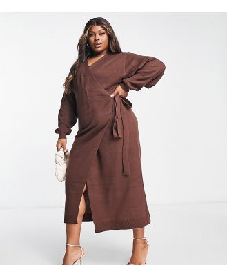 Pretty Lavish Curve Beau wrap knit dress with tie waist in chocolate-Brown